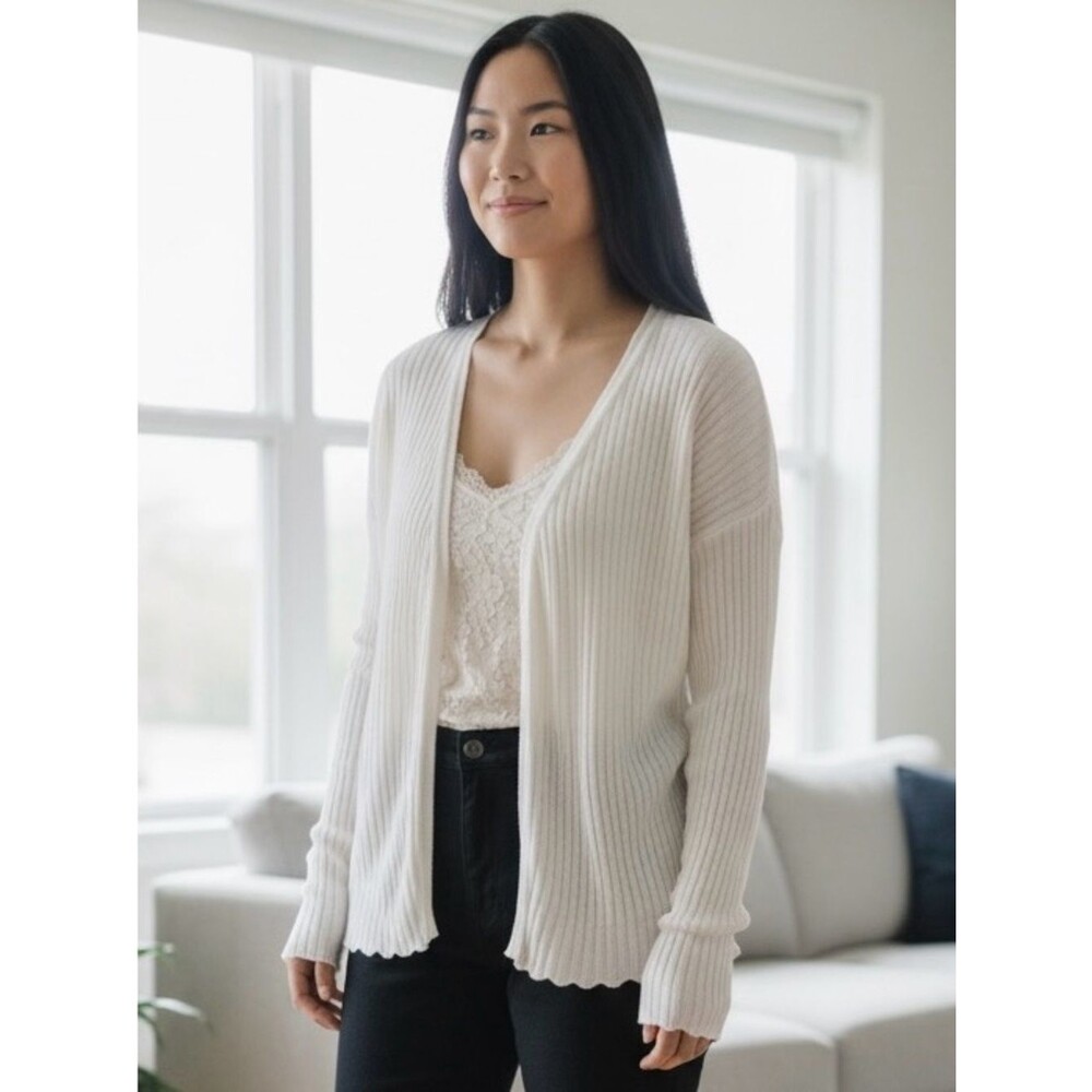 Coolwear Vintage Knit Cardigan Ribbed Open Front Tie Closure Cream Cottagecore